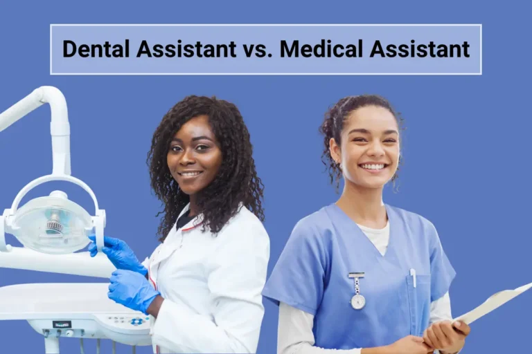Dental assistant in white jacket next to a medical assistant in blue scrubs.